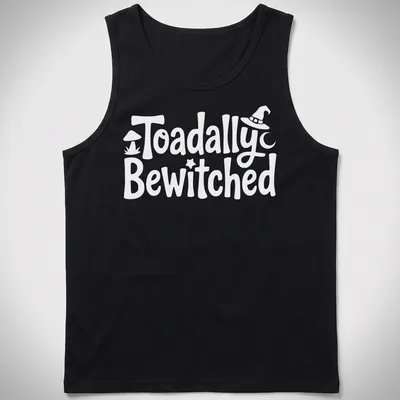 Cartoon toad graphic with playful text 'Toadally Bewitched' in green and black. — printed on a tank top