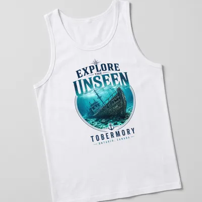 Realistic underwater print of a Tobermory shipwreck with blue and green tones — printed on a tank top