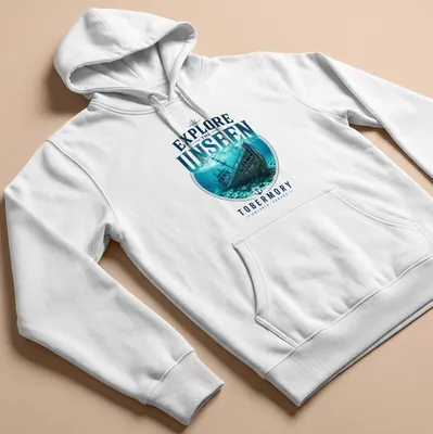 Realistic underwater print of a Tobermory shipwreck with blue and green tones — printed on a unisex hoodie