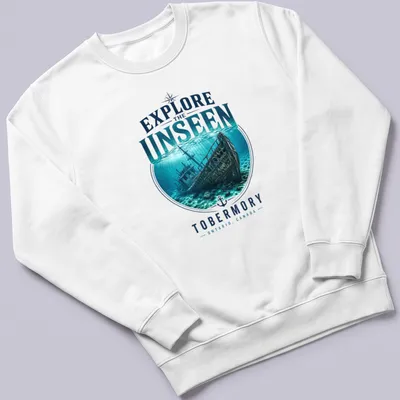 Realistic underwater print of a Tobermory shipwreck with blue and green tones — printed on a unisex sweatshirt