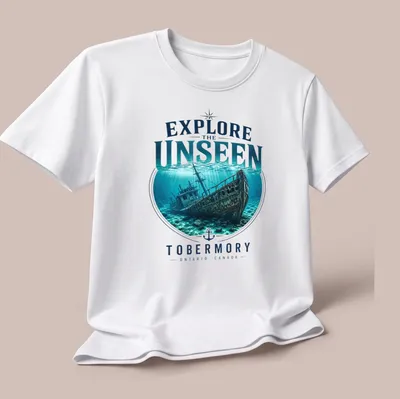 Realistic underwater print of a Tobermory shipwreck with blue and green tones — printed on a unisex t-shirt (angled view)