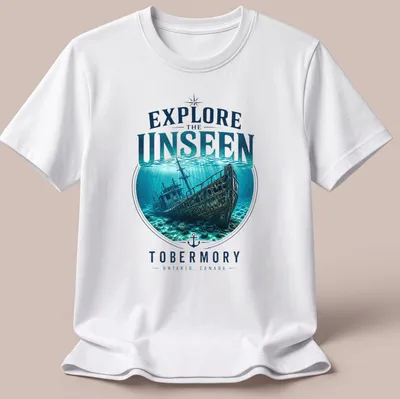 Realistic underwater print of a Tobermory shipwreck with blue and green tones — printed on a unisex t-shirt