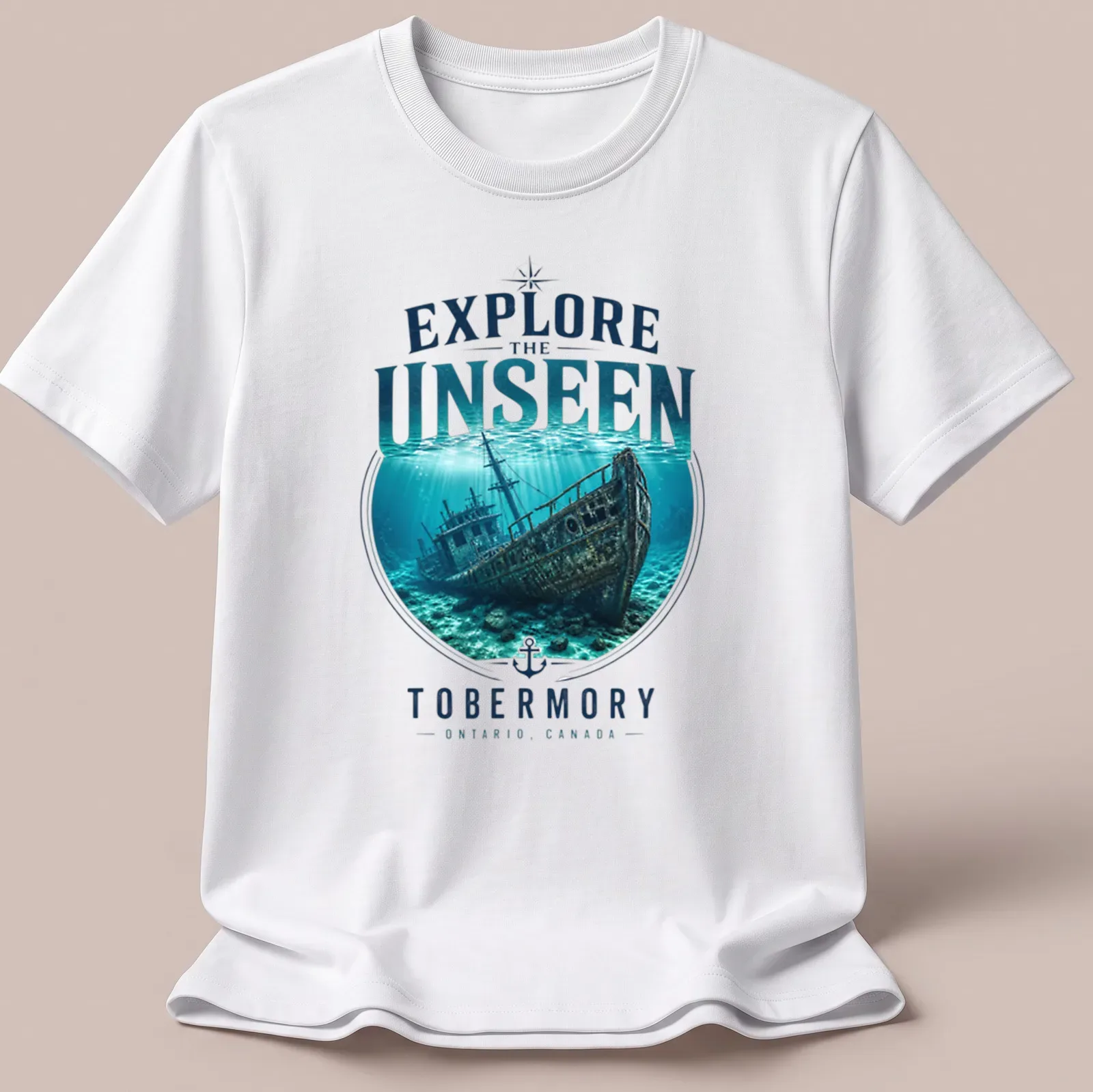Realistic underwater print of a Tobermory shipwreck with blue and green tones — printed on a unisex t-shirt
