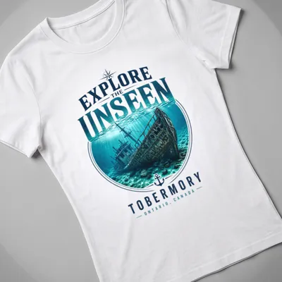 Realistic underwater print of a Tobermory shipwreck with blue and green tones — printed on a women's shirt