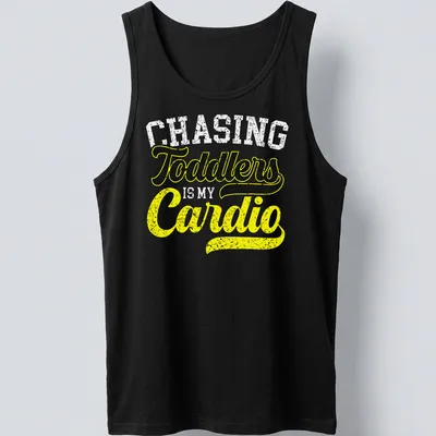 Funny shirt with toddlers and cardio theme in bold playful typography — printed on a tank top