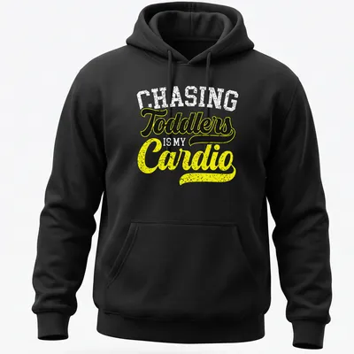 Funny shirt with toddlers and cardio theme in bold playful typography — printed on a unisex hoodie