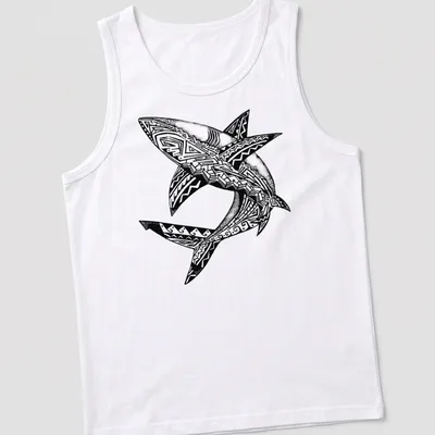 Tribal black and white graphic of sharks intertwined in a bold design — printed on a tank top