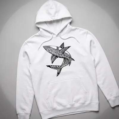 Tribal black and white graphic of sharks intertwined in a bold design — printed on a unisex hoodie