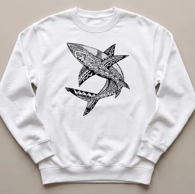 Tribal black and white graphic of sharks intertwined in a bold design — printed on a unisex sweatshirt
