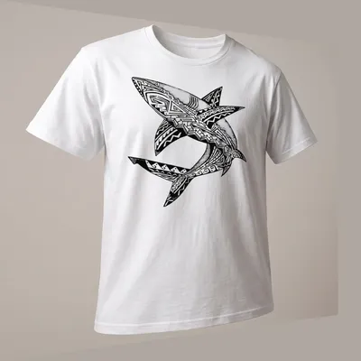 Tribal black and white graphic of sharks intertwined in a bold design — printed on a unisex t-shirt (angled view)