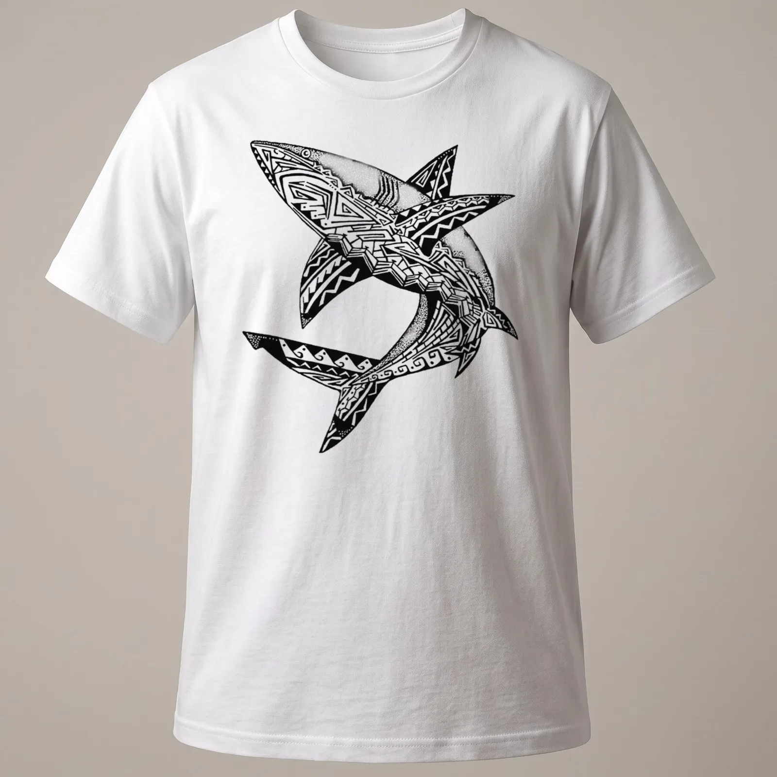 Tribal black and white graphic of sharks intertwined in a bold design — printed on a unisex t-shirt