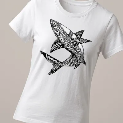 Tribal black and white graphic of sharks intertwined in a bold design — printed on a women's shirt