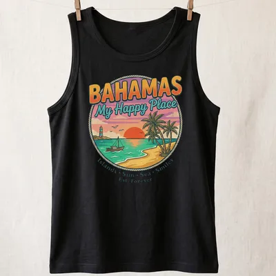 Tropical sunset design with text celebrating the Bahamas as a happy place — printed on a tank top