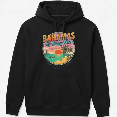 Tropical sunset design with text celebrating the Bahamas as a happy place — printed on a unisex hoodie