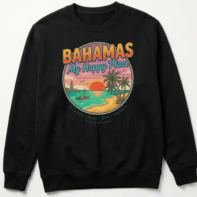 Tropical sunset design with text celebrating the Bahamas as a happy place — printed on a unisex sweatshirt