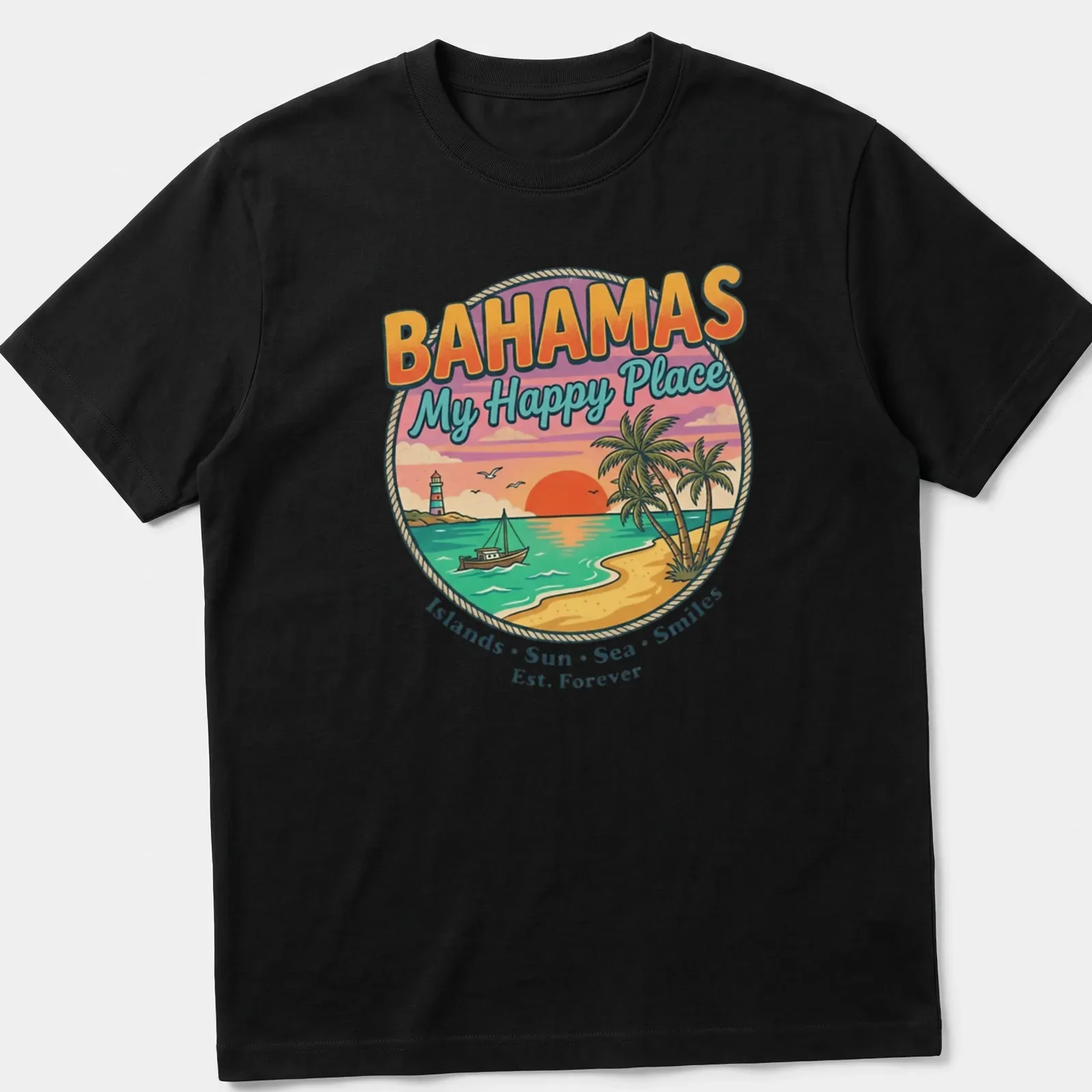 Tropical sunset design with text celebrating the Bahamas as a happy place — printed on a unisex t-shirt