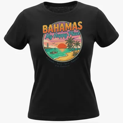 Tropical sunset design with text celebrating the Bahamas as a happy place — printed on a women's shirt