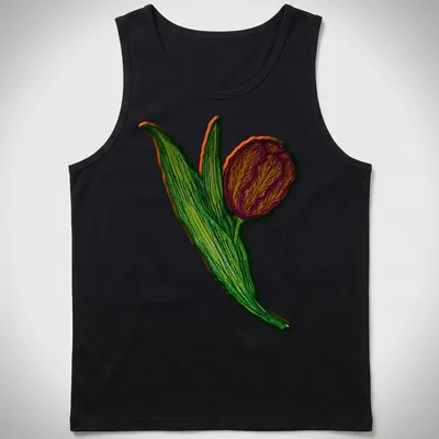 Colorful illustration of a tulip flower with the word 'Broken' in vibrant colors — printed on a tank top