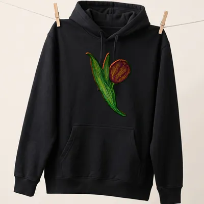 Colorful illustration of a tulip flower with the word 'Broken' in vibrant colors — printed on a unisex hoodie