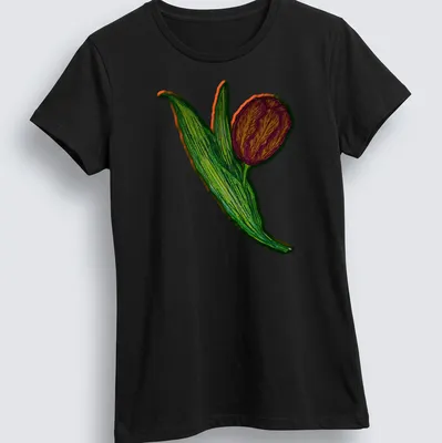 Colorful illustration of a tulip flower with the word 'Broken' in vibrant colors — printed on a women's shirt