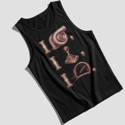 Vintage T-shirt featuring turbocharger and gear shift illustrations with bold text. — printed on a tank top