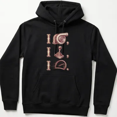 Vintage T-shirt featuring turbocharger and gear shift illustrations with bold text. — printed on a unisex hoodie