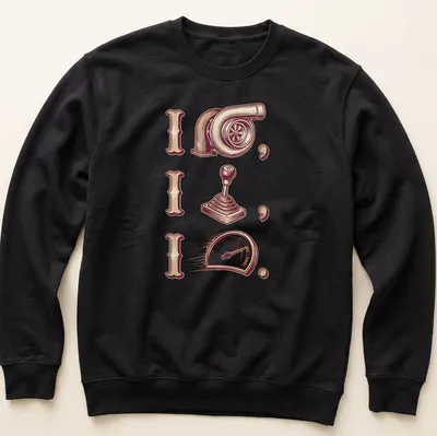 Vintage T-shirt featuring turbocharger and gear shift illustrations with bold text. — printed on a unisex sweatshirt