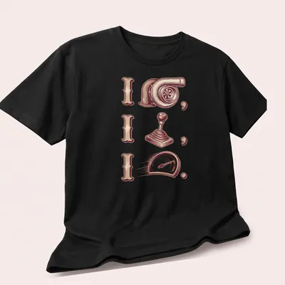 Vintage T-shirt featuring turbocharger and gear shift illustrations with bold text. — printed on a unisex t-shirt (angled view)