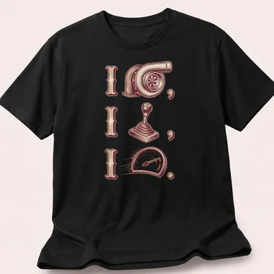 Vintage T-shirt featuring turbocharger and gear shift illustrations with bold text.