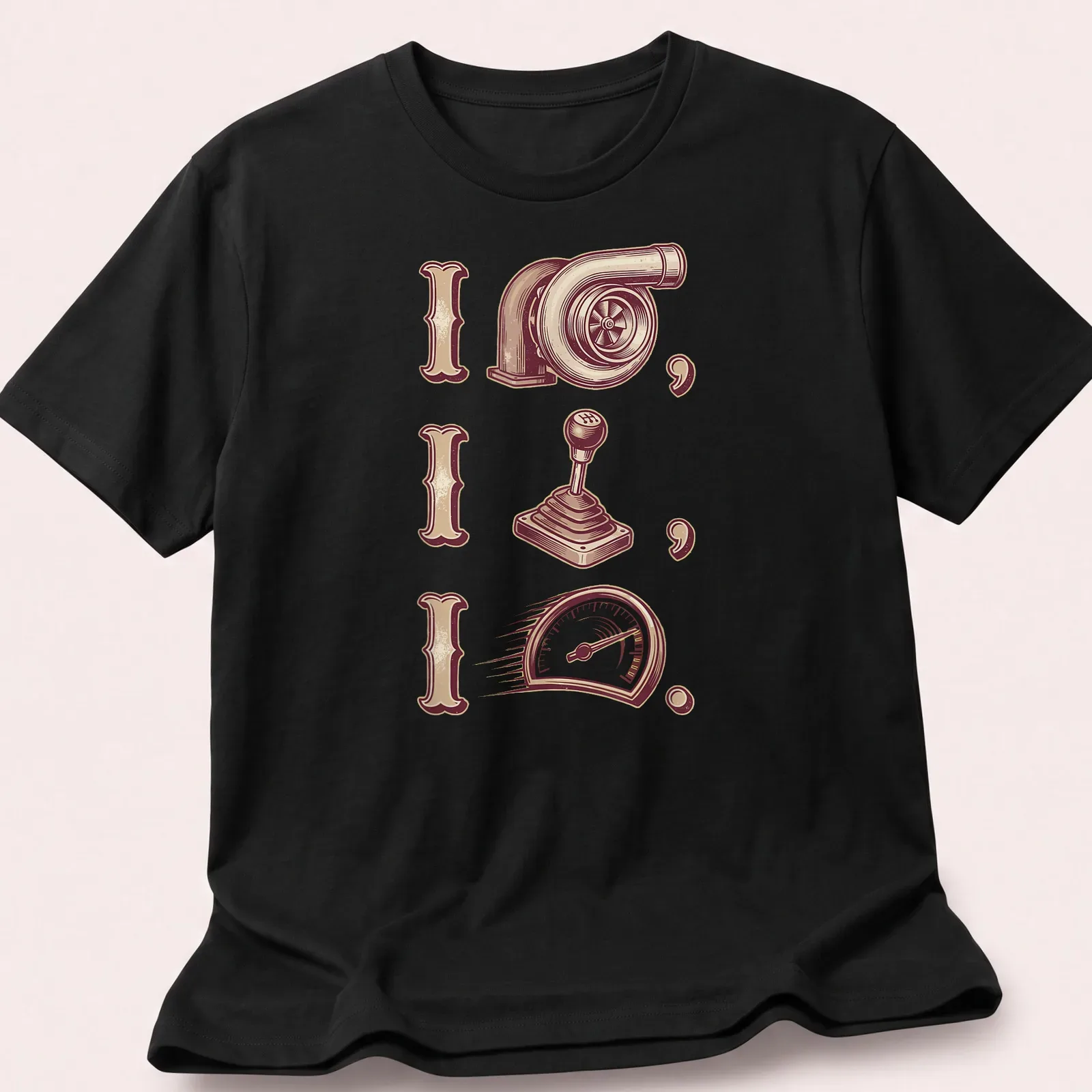 Vintage T-shirt featuring turbocharger and gear shift illustrations with bold text. — printed on a unisex t-shirt