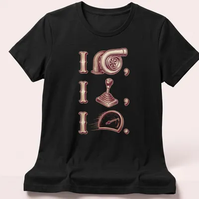 Vintage T-shirt featuring turbocharger and gear shift illustrations with bold text. — printed on a women's shirt