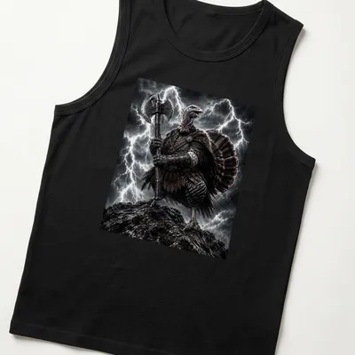 Illustration of a Turkey Warrior with an axe in a lightning storm, featuring gray, black, and red colors. — printed on a tank top
