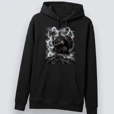Illustration of a Turkey Warrior with an axe in a lightning storm, featuring gray, black, and red colors. — printed on a unisex hoodie