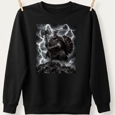 Illustration of a Turkey Warrior with an axe in a lightning storm, featuring gray, black, and red colors. — printed on a unisex sweatshirt