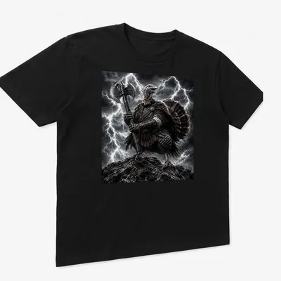 Illustration of a Turkey Warrior with an axe in a lightning storm, featuring gray, black, and red colors. — printed on a unisex t-shirt (angled view)