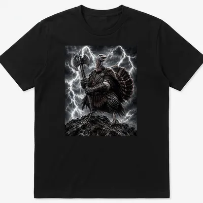 Illustration of a Turkey Warrior with an axe in a lightning storm, featuring gray, black, and red colors.