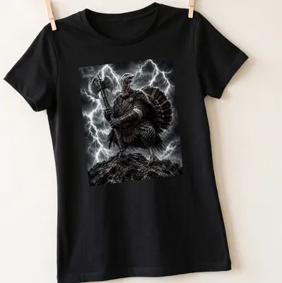 Illustration of a Turkey Warrior with an axe in a lightning storm, featuring gray, black, and red colors. — printed on a women's shirt