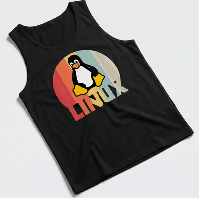 Retro T-shirt featuring the Tux Penguin and LINUX text in playful colors — printed on a tank top