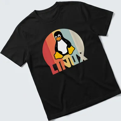 Retro T-shirt featuring the Tux Penguin and LINUX text in playful colors — printed on a unisex t-shirt
