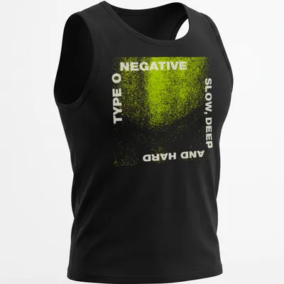 Grunge distressed Type O Negative t-shirt with bold band text in green and white — printed on a tank top