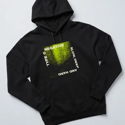 Grunge distressed Type O Negative t-shirt with bold band text in green and white — printed on a unisex hoodie