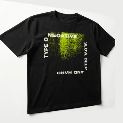 Grunge distressed Type O Negative t-shirt with bold band text in green and white — printed on a unisex t-shirt (angled view)