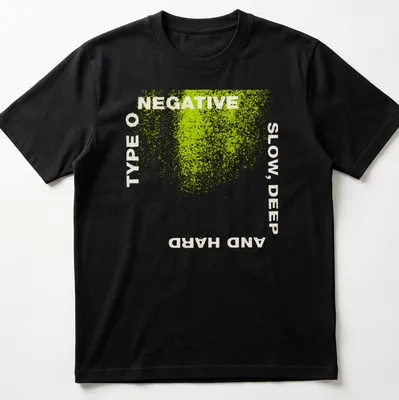 Grunge distressed Type O Negative t-shirt with bold band text in green and white