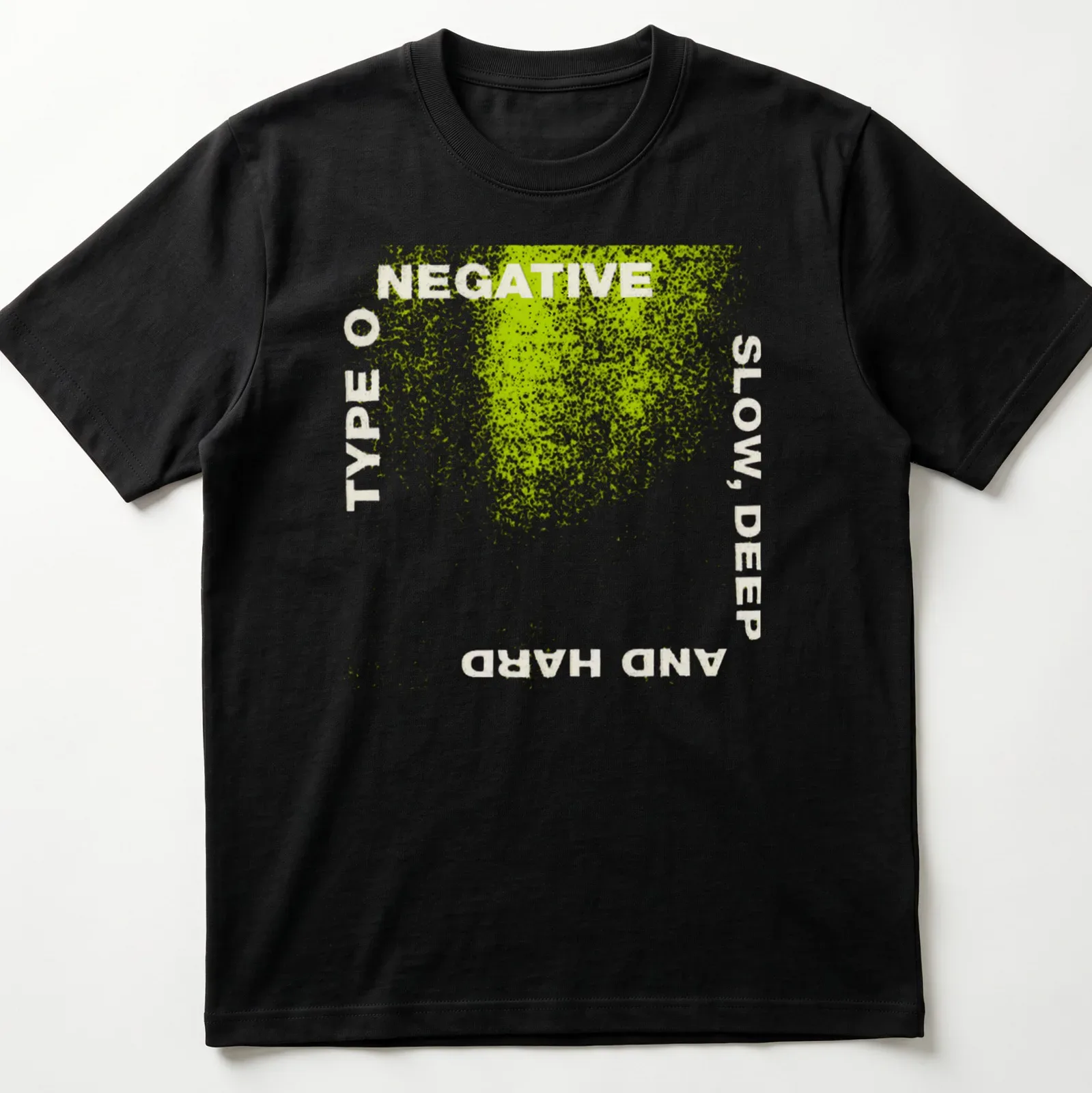 Grunge distressed Type O Negative t-shirt with bold band text in green and white — printed on a unisex t-shirt