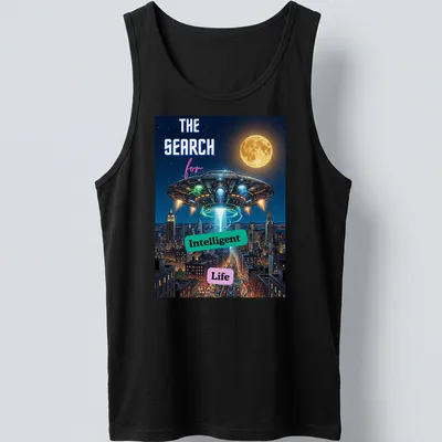 Comic book style UFO graphic with playful colors and text about intelligent life search — printed on a tank top