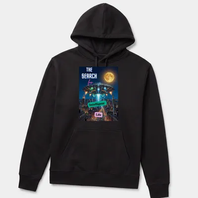 Comic book style UFO graphic with playful colors and text about intelligent life search — printed on a unisex hoodie