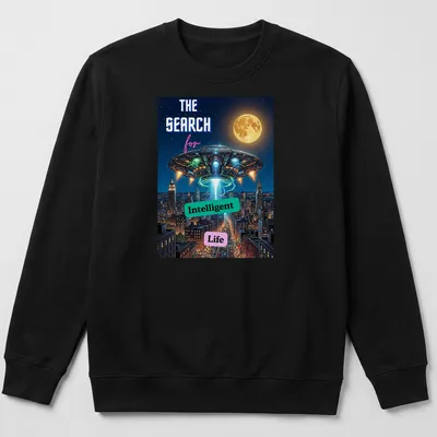 Comic book style UFO graphic with playful colors and text about intelligent life search — printed on a unisex sweatshirt