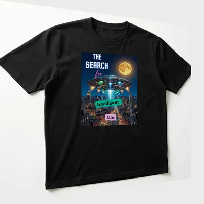 Comic book style UFO graphic with playful colors and text about intelligent life search — printed on a unisex t-shirt (angled view)