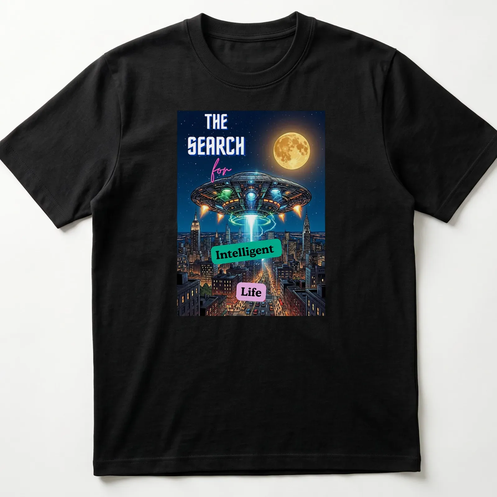 Comic book style UFO graphic with playful colors and text about intelligent life search — printed on a unisex t-shirt