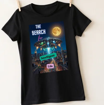 Comic book style UFO graphic with playful colors and text about intelligent life search — printed on a women's shirt